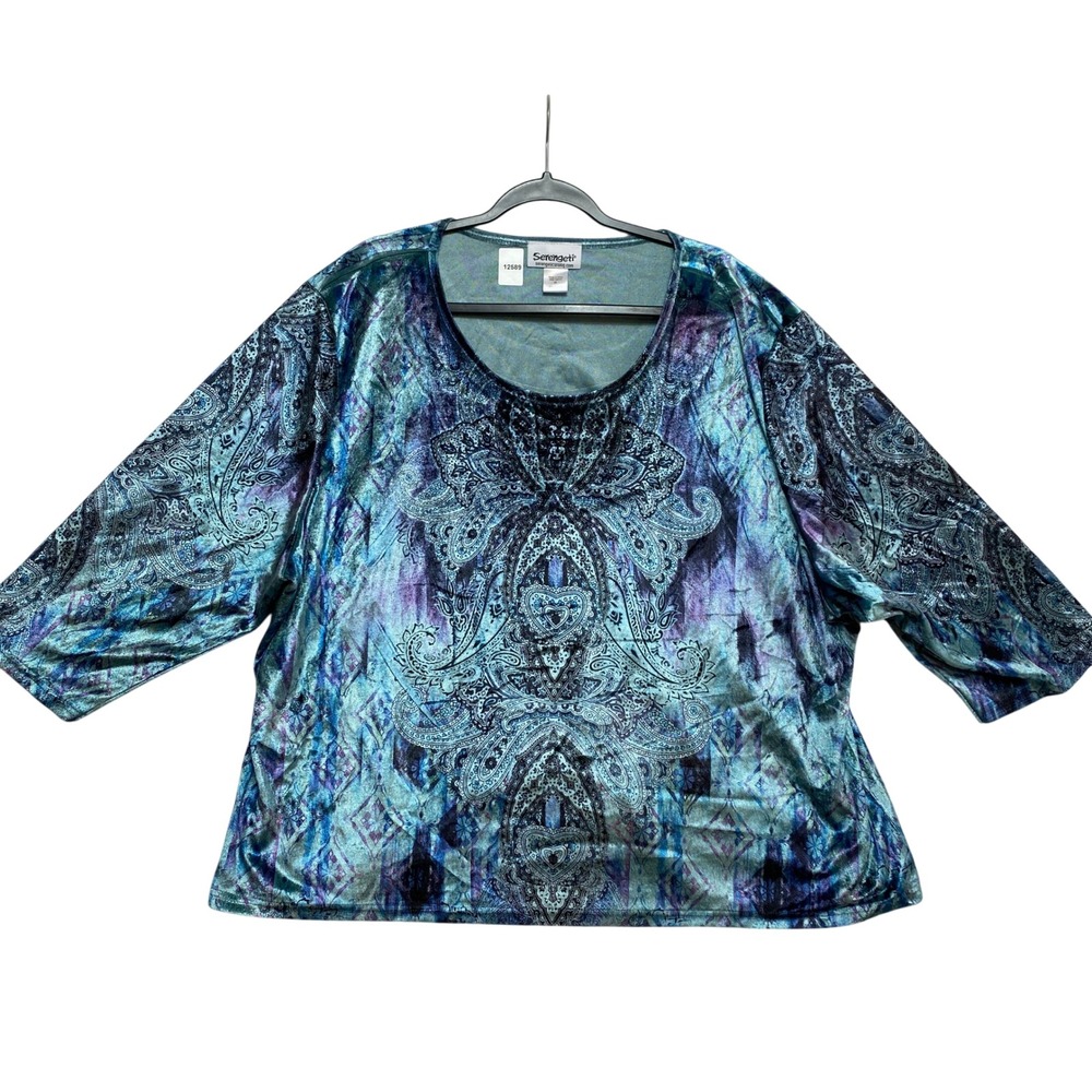 Serengeti Top Womens 3X Blue Paisley Velvet 3/4 Sleeve Scoop Neck Relaxed Fit
